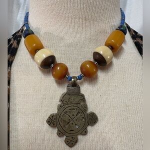 Handcrafted ANTIQUE RARE Ethopian Coptic Cross African Trade Necklace.